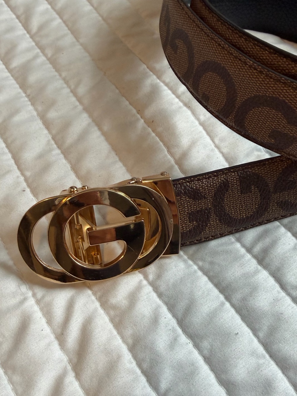 Men's Brown Logo-Pattern Belt with Gold Double-G Buckle